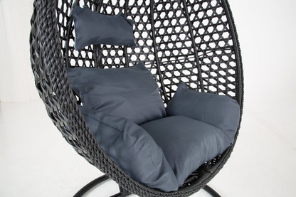 The Onyx Black Hanging Swing Pod Egg Chair - Large with deep Grey Cushions