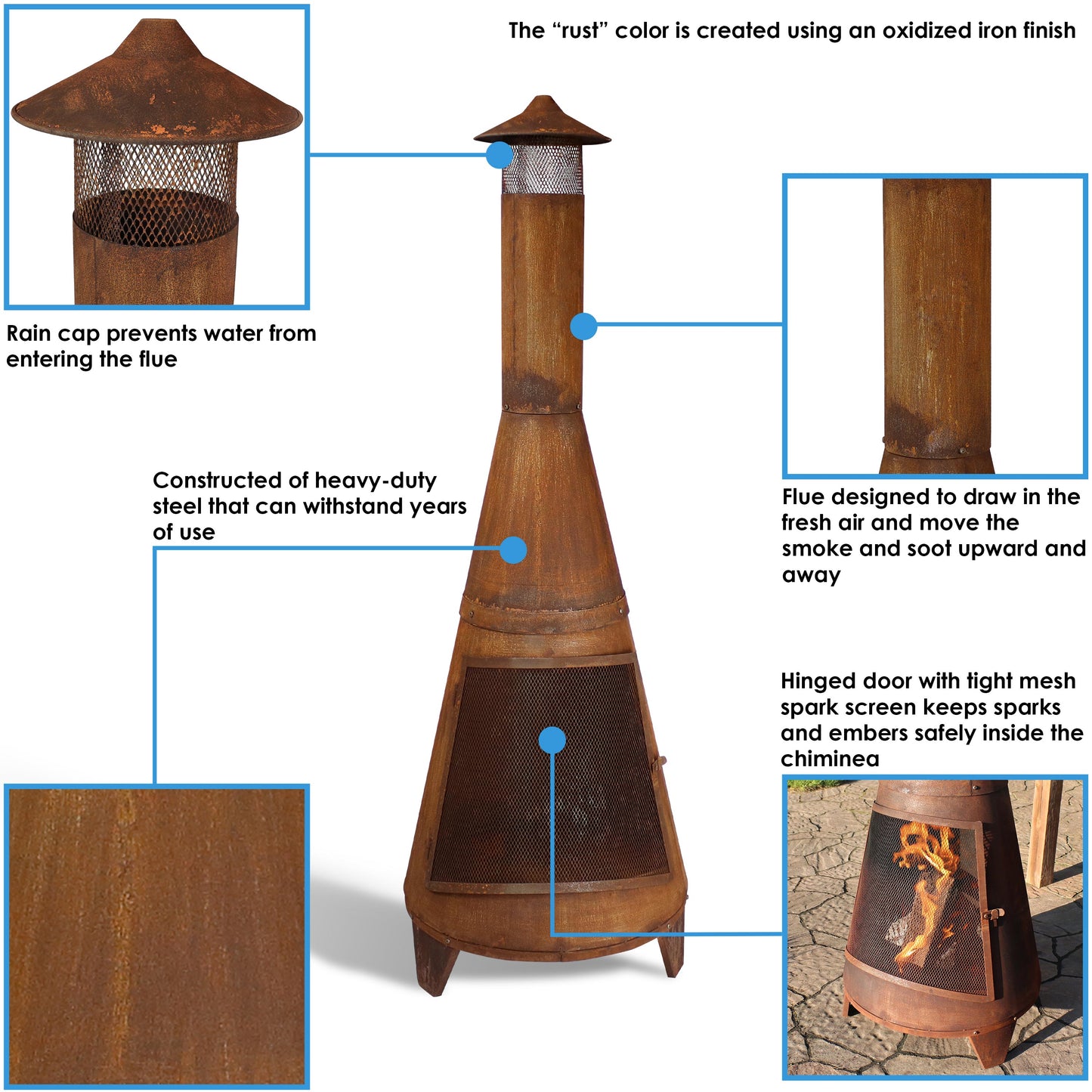 Sunnydaze Outdoor Backyard Large Freestanding Oxidized Steel Wood-Burning Fire Pit Chiminea