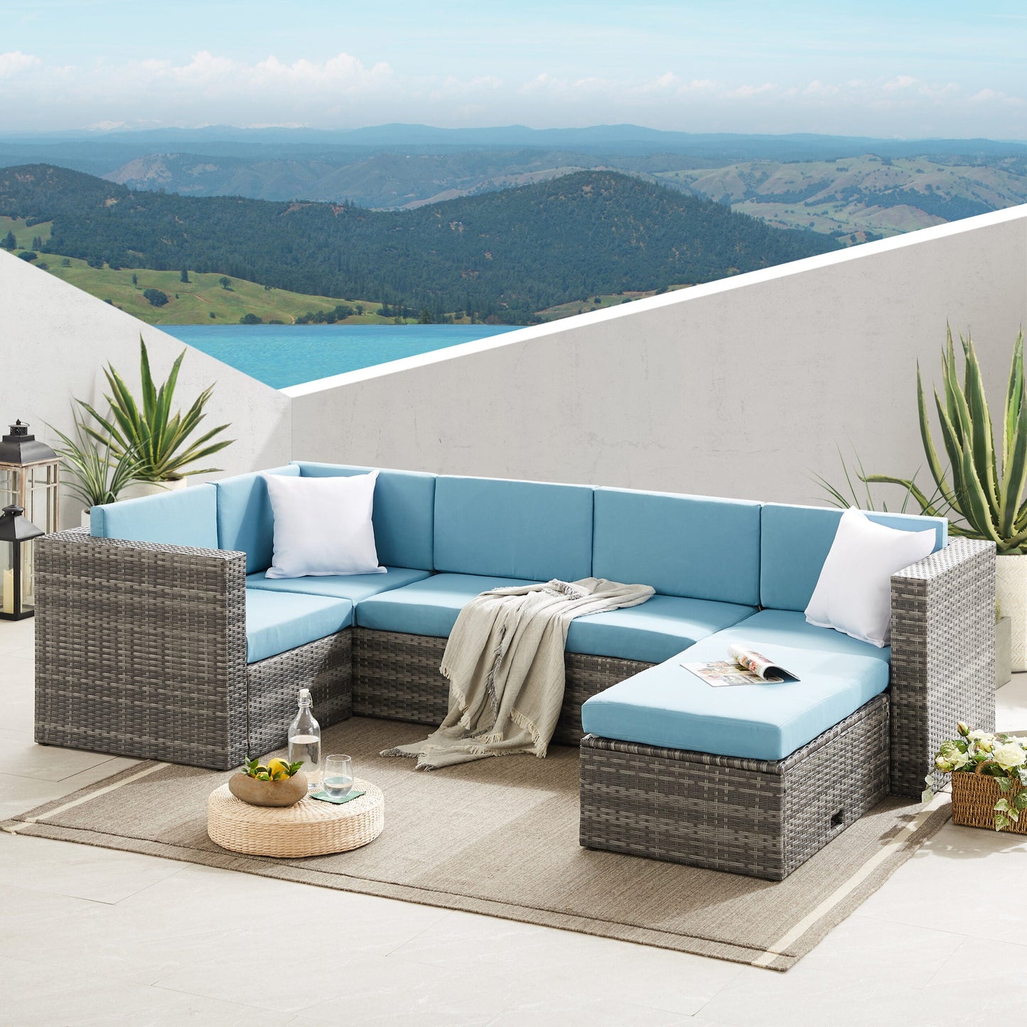 The Tatton Grey Rattan Garden Furniture 6 Seat Corner Sofa & Coffee Table Patio Set - Blue Cushions