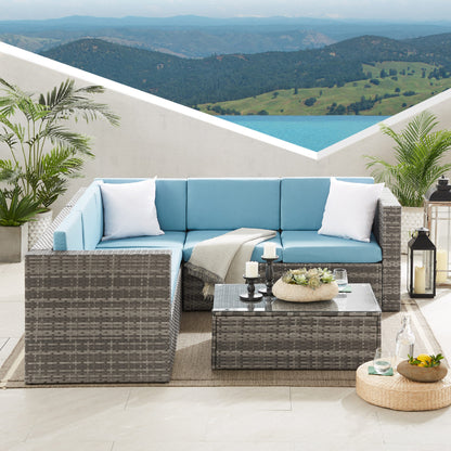 The Tatton Grey Rattan Garden Furniture 6 Seat Corner Sofa & Coffee Table Patio Set - Blue Cushions