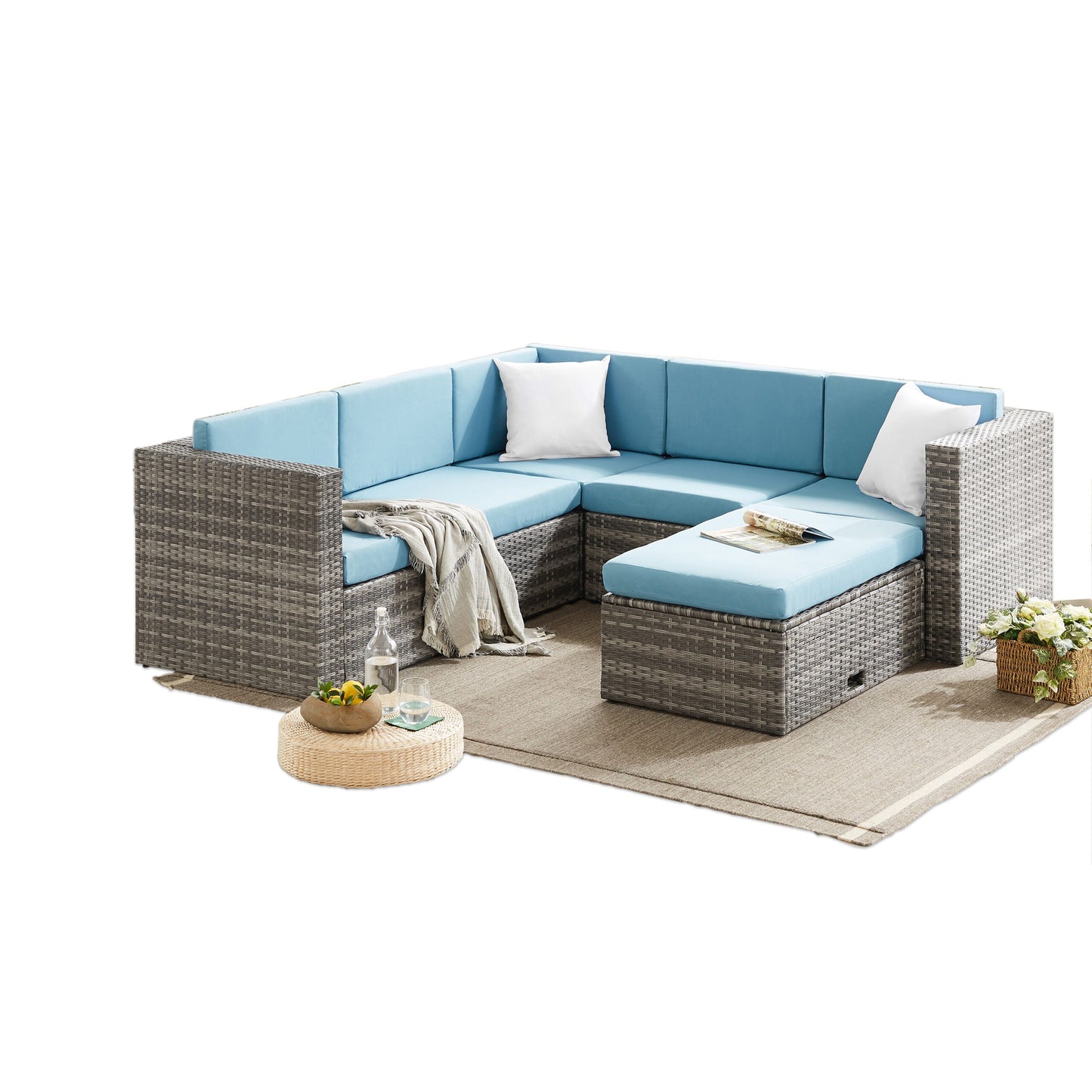 The Tatton Grey Rattan Garden Furniture 6 Seat Corner Sofa & Coffee Table Patio Set - Blue Cushions